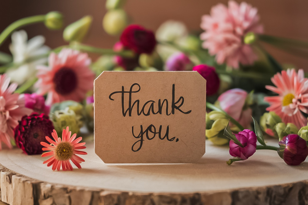 Thank you card surrounded by flowers.