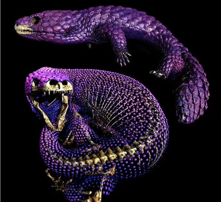 Although they look similar, the shingleback lizard (top) and the beaded lizard (bottom) did not inherit their striking bony skin armour (purple) from a shared ancestor. CT data provided by Edward Stanley (2018, 2022, UF 87304, UF 153328).