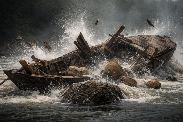 AI-generated image of a small cargo boat dashed against some rocks in a river.