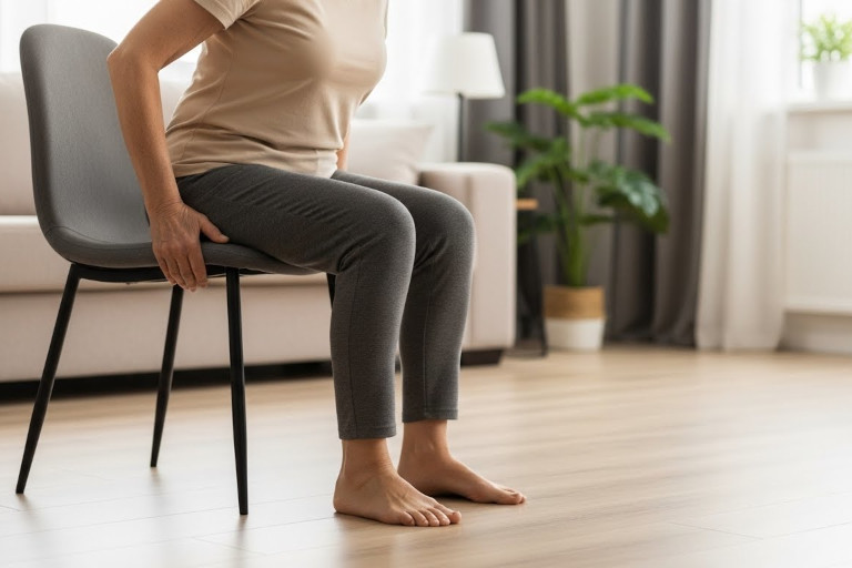 Woman sitting on the edge of a chair with feet flat on the floor preparing to stand.