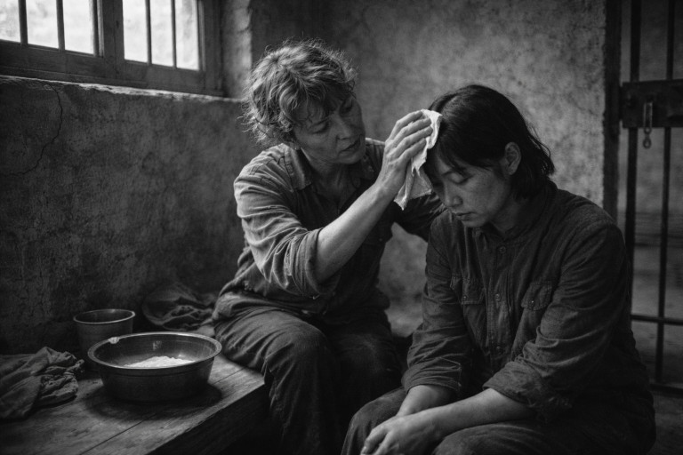 AI-generated image that shows two women prisoners inside a sparse cell, with one gently caring for the other.