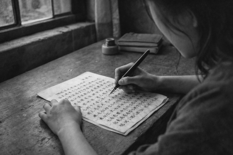 AI-generated image showing a young woman’s hands writing a handwritten letter in Chinese at a simple desk.