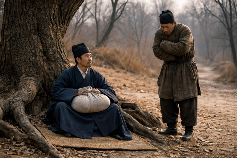 AI-generated image of a scholar seated under a tree holding a cloth bundle while his servant stands next to him, shivering in the cold, trying to persuade him to leave.