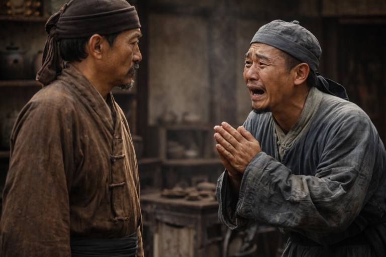 AI-generated image of a Qing Dynasty servant pleading with a shop owner.