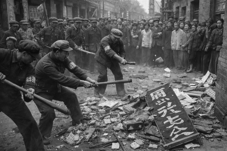 AI-generated image of Red Guards in Beijing smashing books and cultural signs during the campaign to destroy the 'Four Olds'.