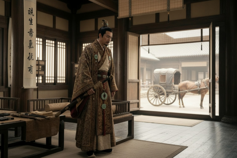 AI-generated image of a wealthy ruler standing to leave a meeting with a horse and carriage seen outside.