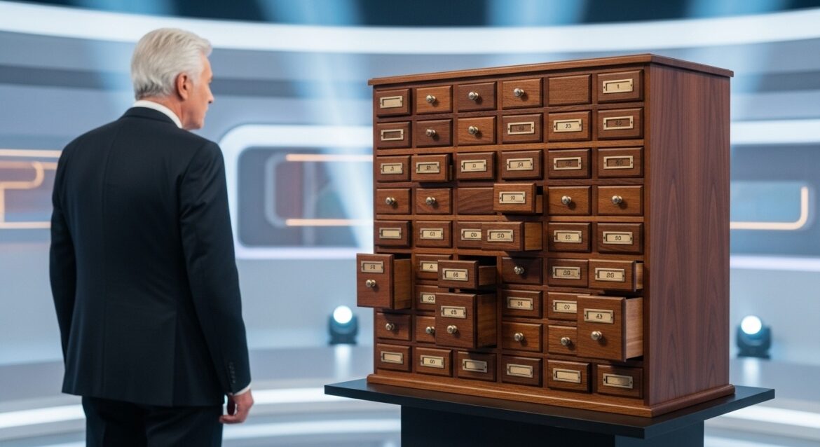 A man standing in front of a wooden box with drawers.