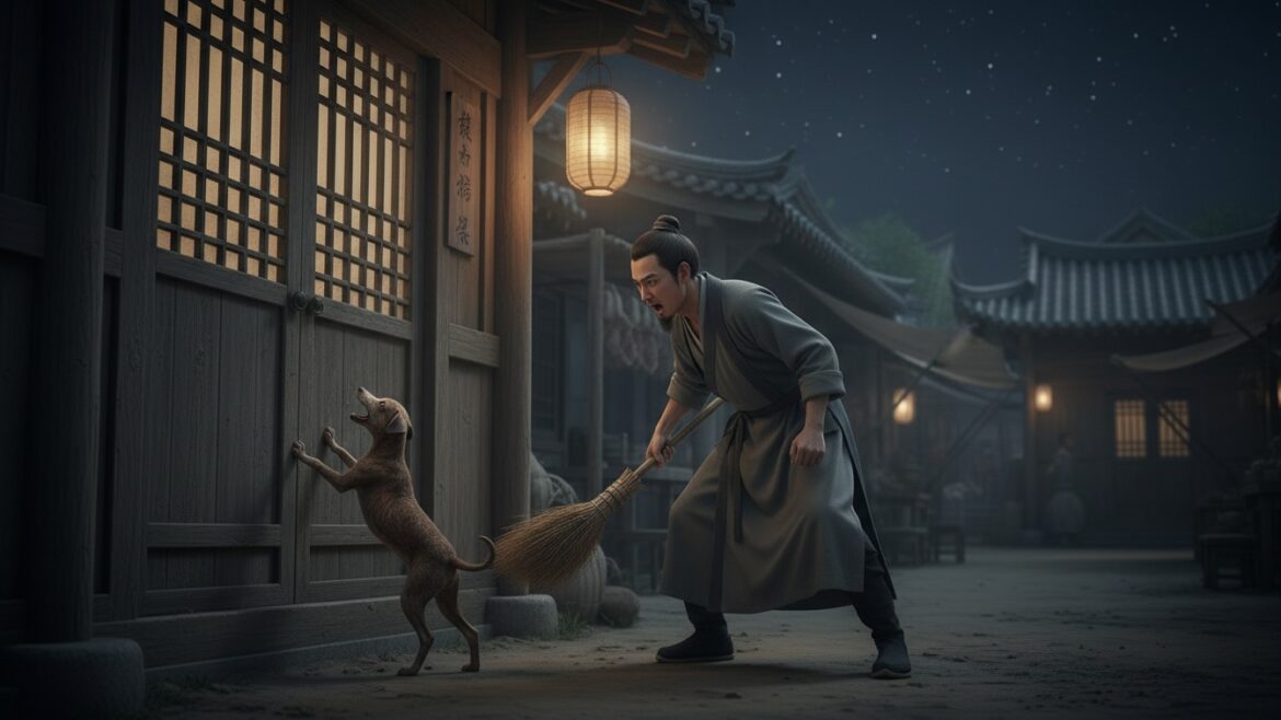 A dog barking at a door.