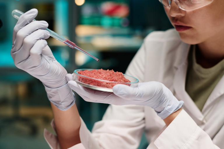 Worker in a lab trying to synthesize proteins in a state that mimic ground beef.