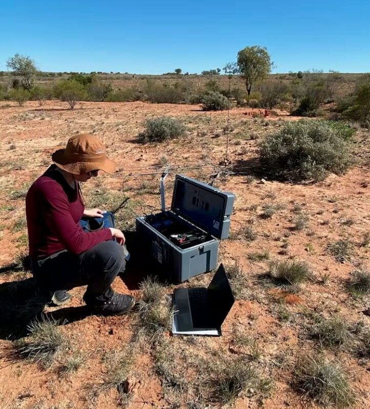 Downloading the body temperature data from the receiver and data logging units deployed near white-backed swallow burrows.