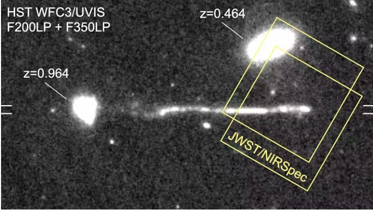 A runaway black hole leaving a streak of new stars in its wake.