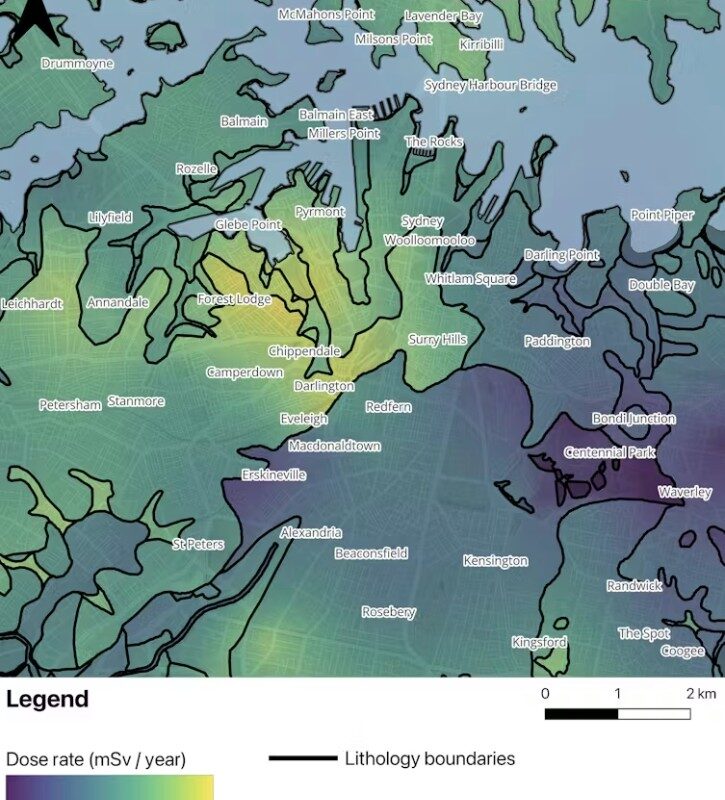 Radiation dose rate map for metropolitan Sydney.