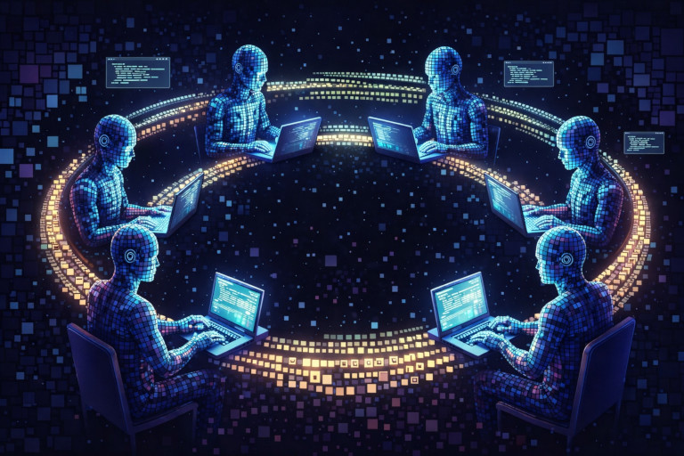 AI-generated image of robots working at laptops, sending self-generated data to each other, forming a closed loop.