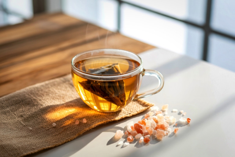 Amber-colored tea in a clear glass cup.