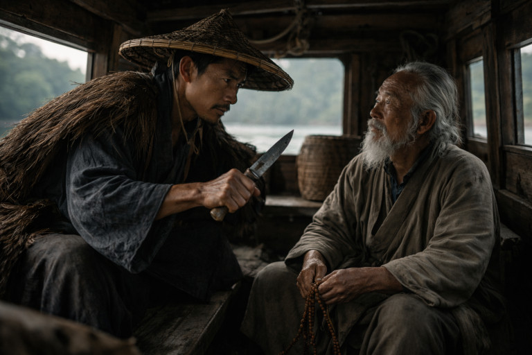 AI-generated image of a Chinese fisherman holding a knife and confronting an elderly man inside the cabin of a small wooden fishing boat.