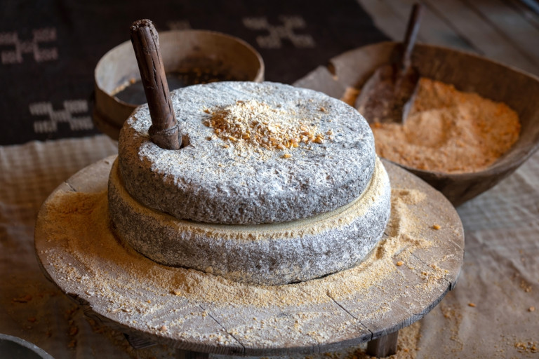 Stones used to grind wheat into flour by hand.