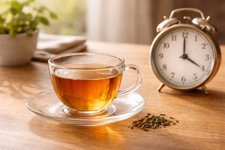 AI-generated image showing a cup of tea on a table next to a clock.