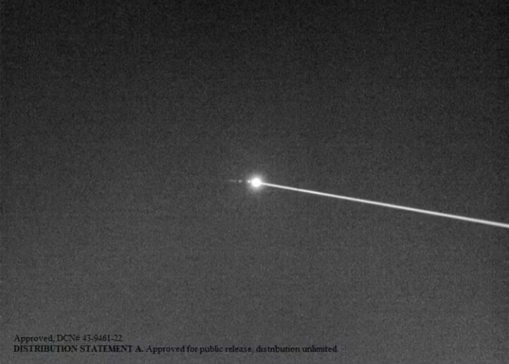 An infrared image of a high-energy Iron Beam laser test targeting a drone.