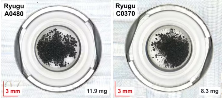 Microscope images of Ryugu samples collected from the first and second touchdown sites of the Hayabusa2 mission.