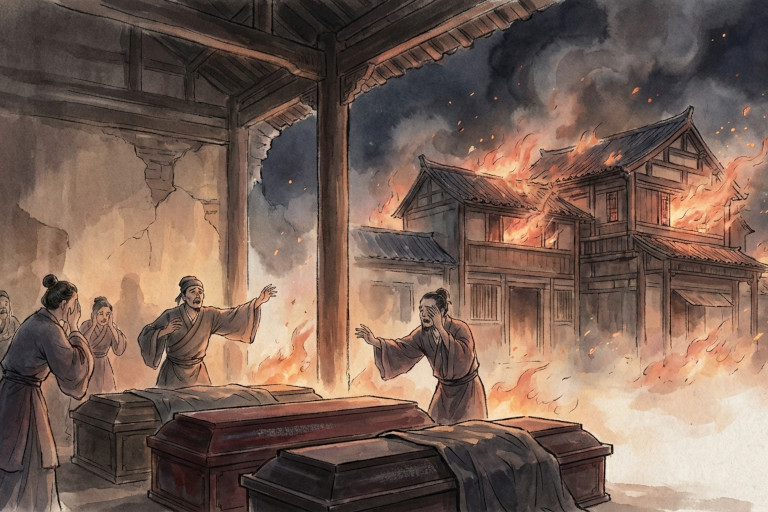 A traditional house burns in a sudden nighttime fire as three coffins sit inside and nearby figures react in horror.