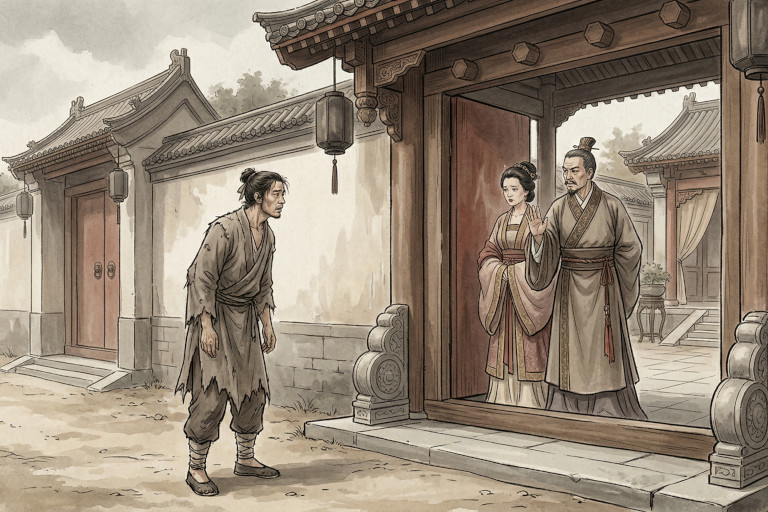 A poor young man stands outside the gate of a prosperous household as a well-dressed older couple coldly turn him away.