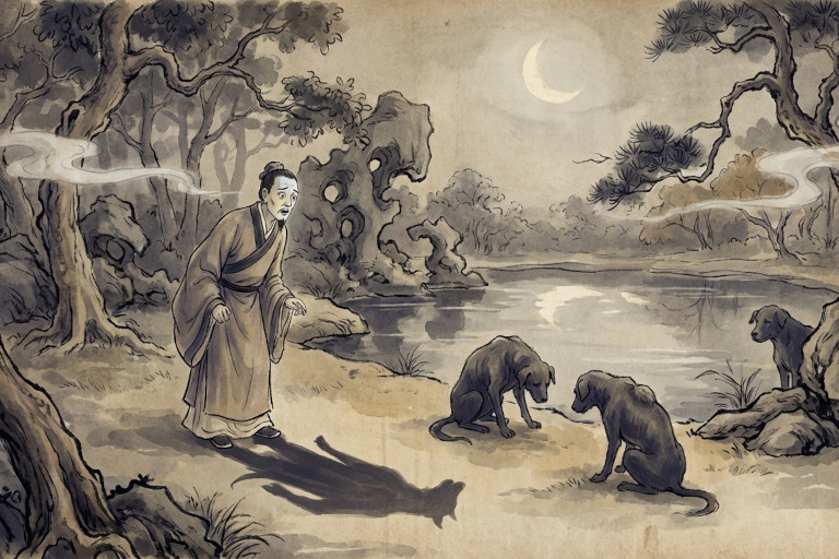 In a moonlit garden, a frightened man stares at three dogs near a pond while his shadow takes on the shape of a dog.