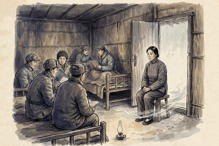 A woman sitting on a small stool near an open doorway during a study session, while several men sit on simple beds and benches inside a rough sleeping quarters.