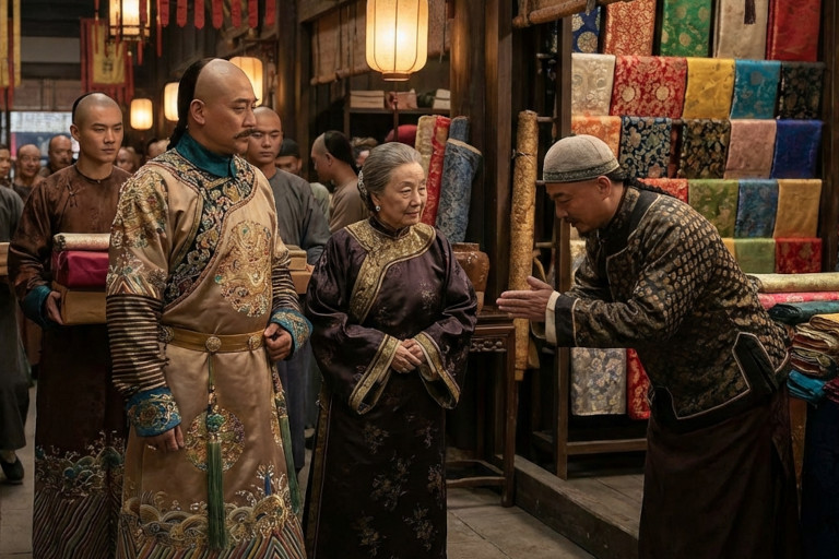 AI-generated image of a group entering a silk shop with an elderly woman dressed in elegant clothes in a Qing Dynasty setting.