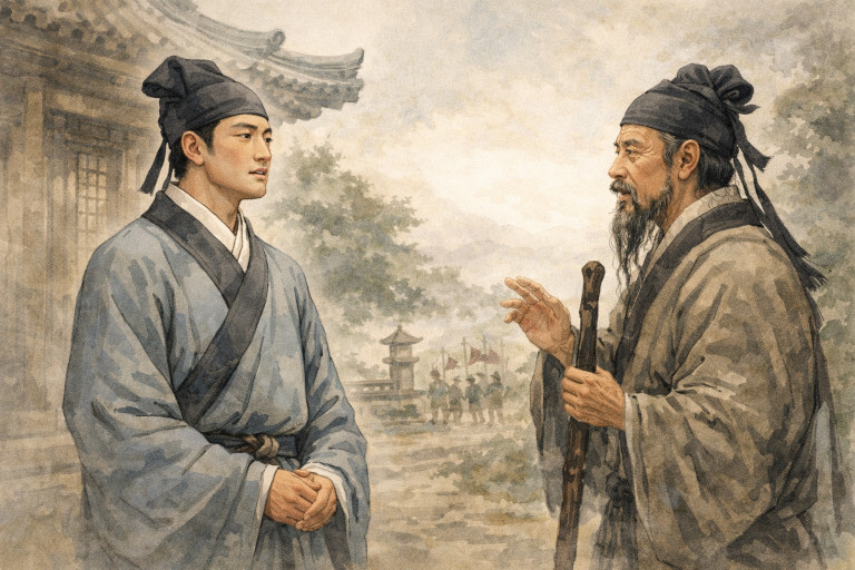 An older Song dynasty official meets a Taoist priest years later in a quiet courtyard, where their solemn conversation and the soft haze around them create an atmosphere of mystery and destiny.