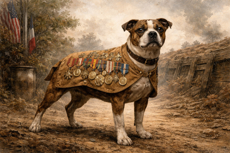 The dog who came to be known as Sergeant Stubby stands wearing a suede cape covered with medals, posed proudly against a muted wartime background.