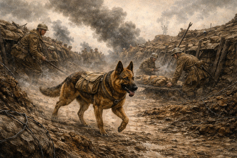 A military dog carrying supplies moves through a muddy World War I battlefield as soldiers work in the trenches around it.