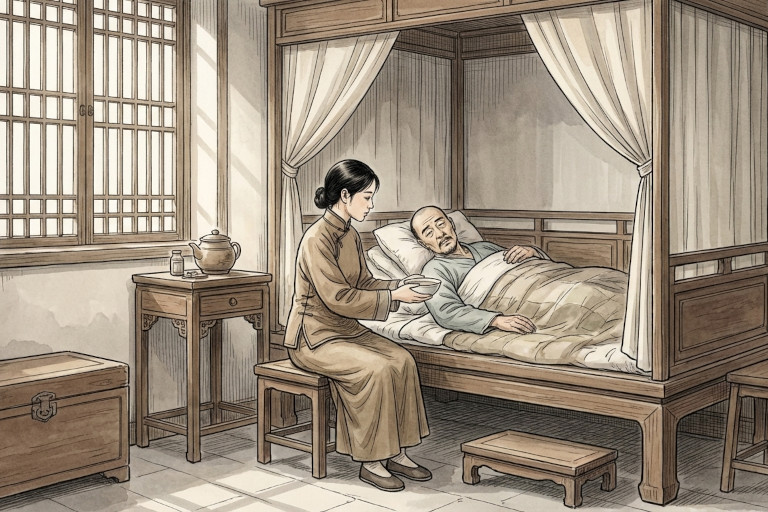Illustration of a woman caring for a sick husband in a modest Qing Dynasty home.