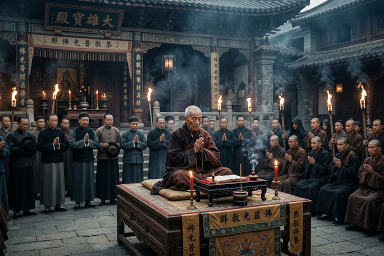 Buddhist monk seated on a raised platform chanting during a ceremonial prayer at a temple courtyard, with monks and officials standing respectfully around him as torches burn and incense smoke rises.