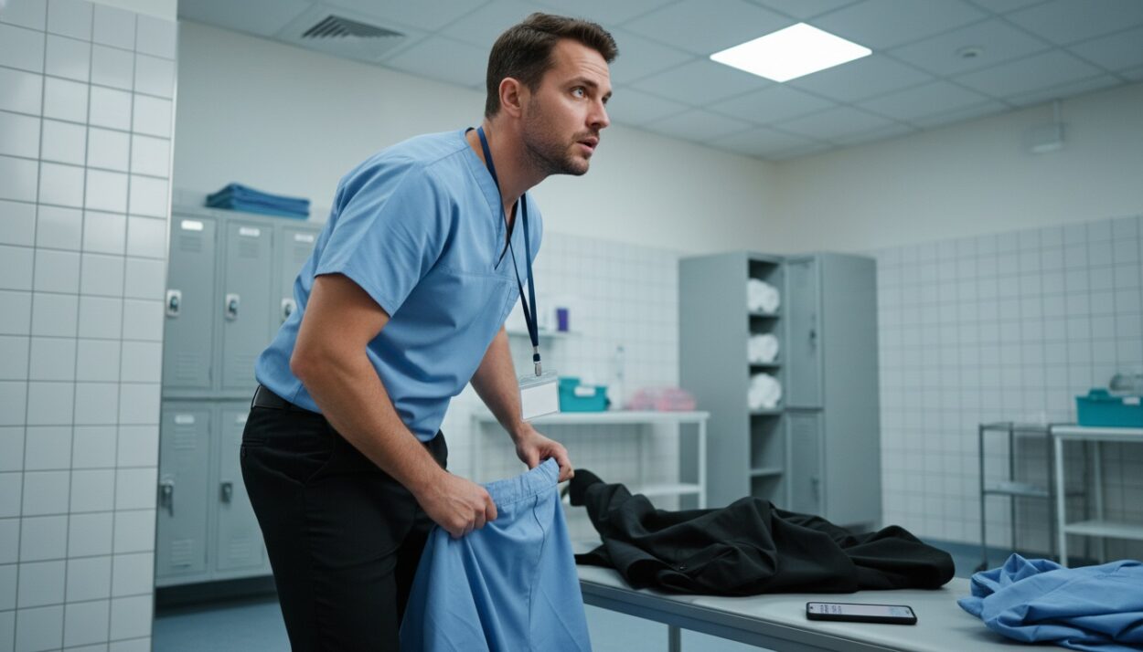 A surgeon received an emergency call, rushed to the hospital, and immediately changed into his surgical scrubs.