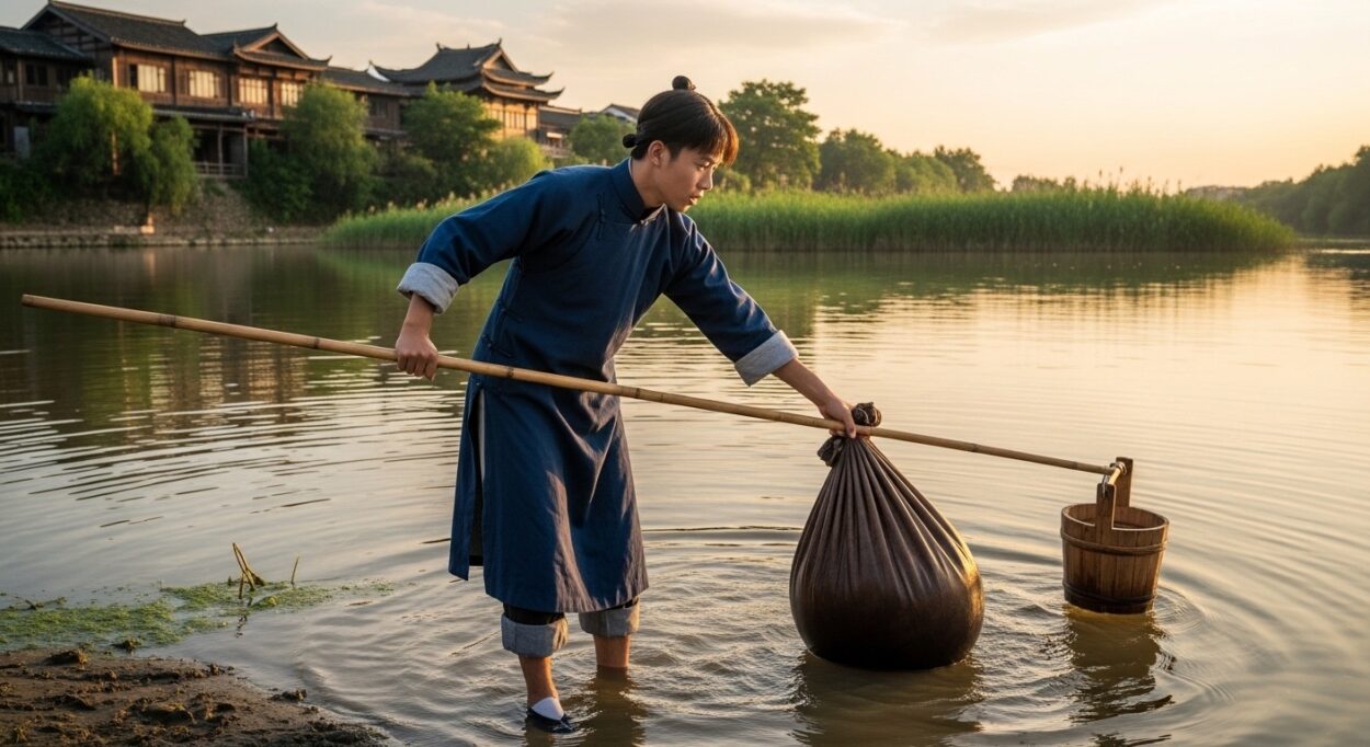 Early one morning, he went to the river to fetch water. There, he noticed a leather water bag bobbing on the surface, which felt unusually heavy when he lifted it.