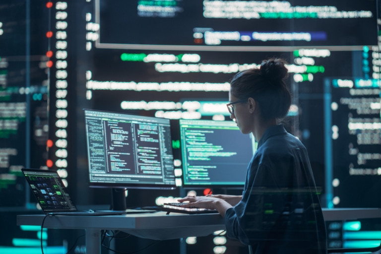 Female software developer typing at a computer while surrounded by big screens displaying code.