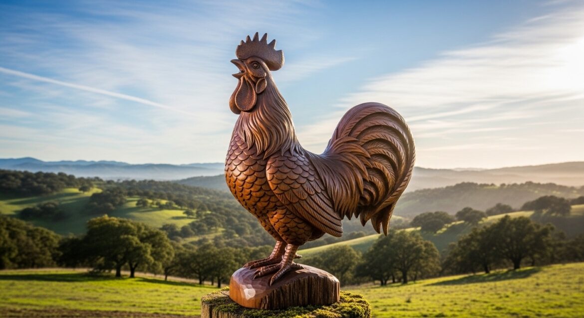 A carved wooden rooster.