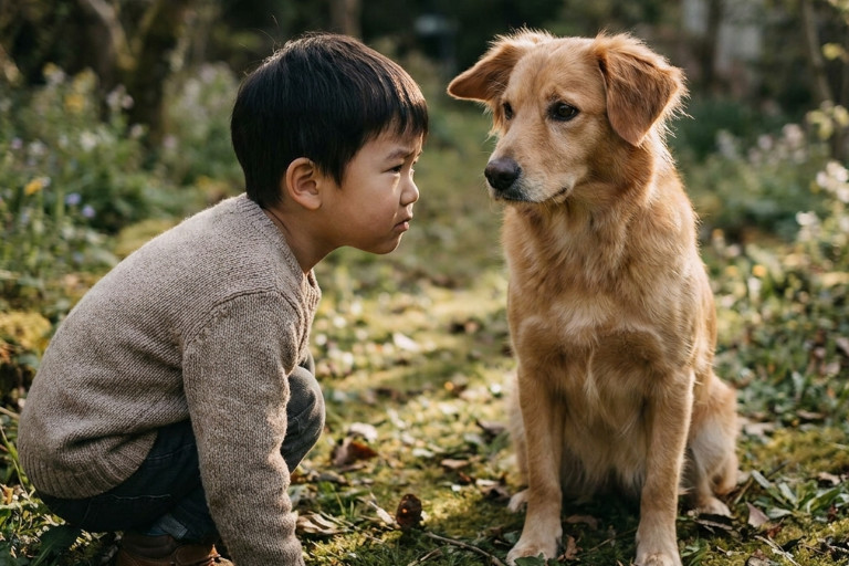 AI-generated image of a young Asian boy kneeling to look at a dog.
