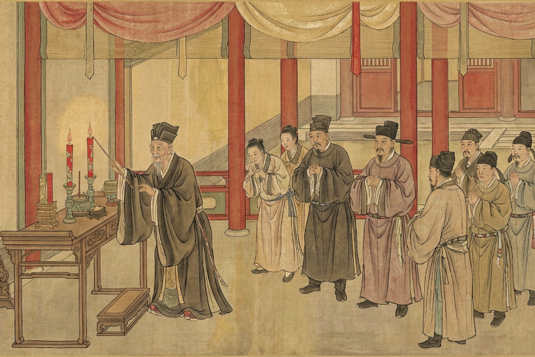 AI-generated image of a very elderly Hanlin scholar lighting longevity candles during an imperial birthday ceremony, surrounded by court officials in a palace hall.