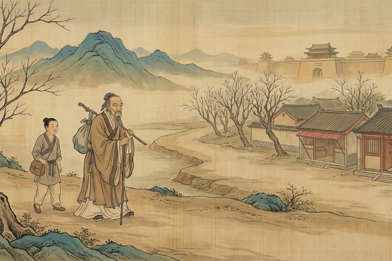 AI-generated image of an elderly scholar traveling toward Beijing in late imperial China, walking with determination along a road with books and a young attendant.