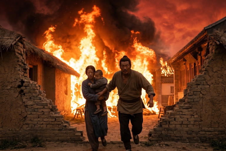 AI-generated image of a man leading his wife and child to safety as they escape a burning house at night in a Qing Dynasty village.