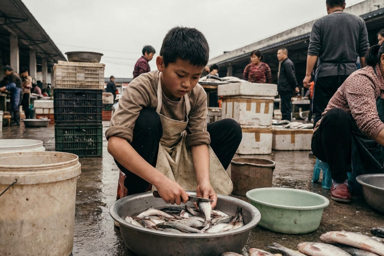 AI-generated image of a Chinese boy squatting down to clean fish in the fish market, working alongside the adults.