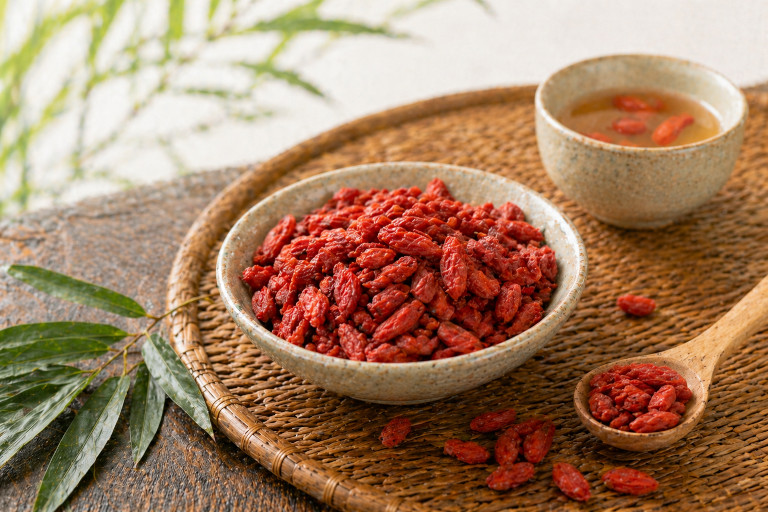 Goji berries in a bowl on a bamboo mat.