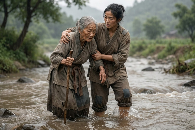 AI-generated image of a young Chinese woman helping an elderly woman cross a stream.