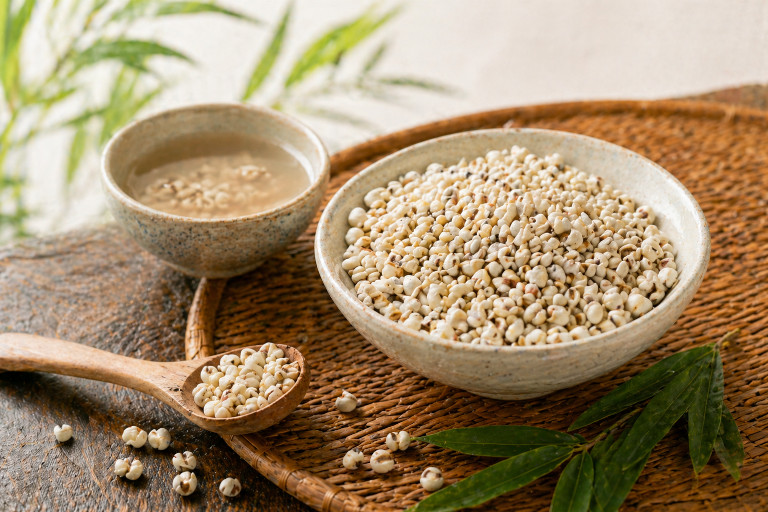 Image of job's tears in a bowl on a bamboo mat.