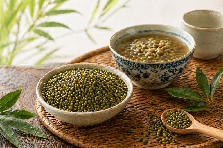 Mung beans and mung bean soup in bowls on a bamboo mat. 