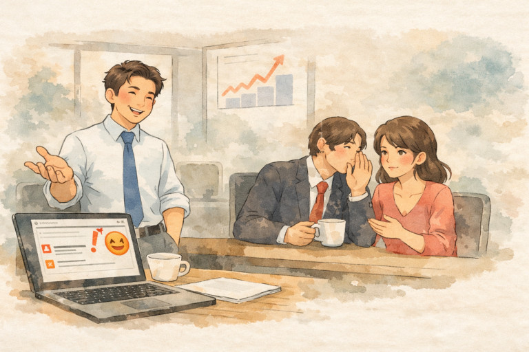 A watercolor-style illustration shows a smiling man speaking in an office meeting while a laptop displays a poorly worded message and two coworkers whisper to each other in the background.