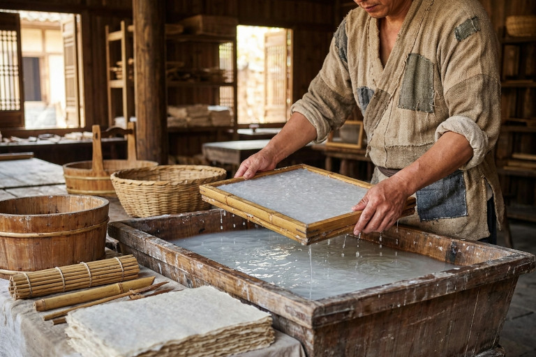 A Chinese artisan making paper by hand in a workshop.