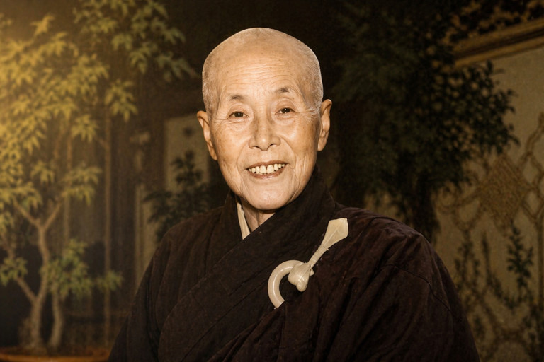 AI-generated image of an elderly Buddhist nun smiling gently in dark robes against a softly lit indoor background.
