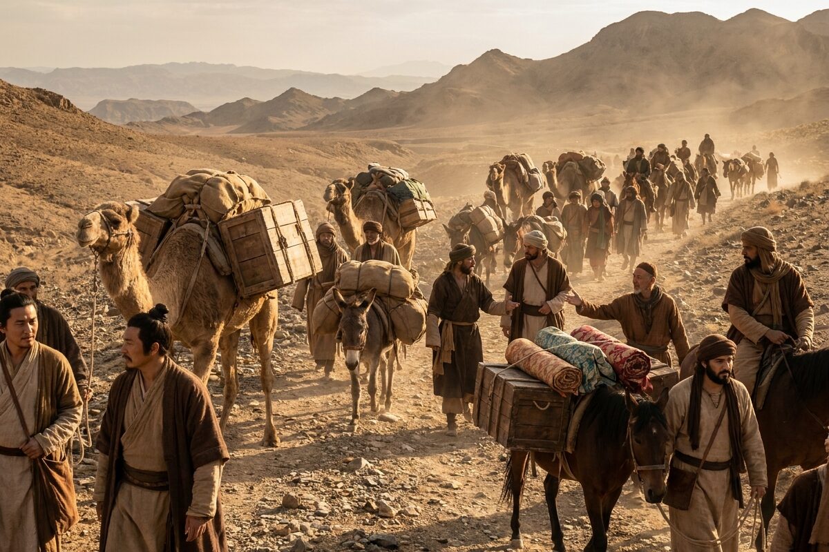AI-generated image of traders moving along the Silk Road.